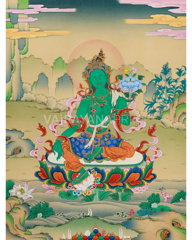 Green Tara Divine Tapestry Thangka Print | Spiritual Elegance for Your Space