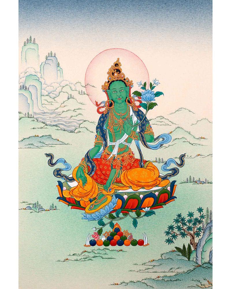 Green Tara Female Buddha Thangka | Traditionally Hand Painted Tibetan Art