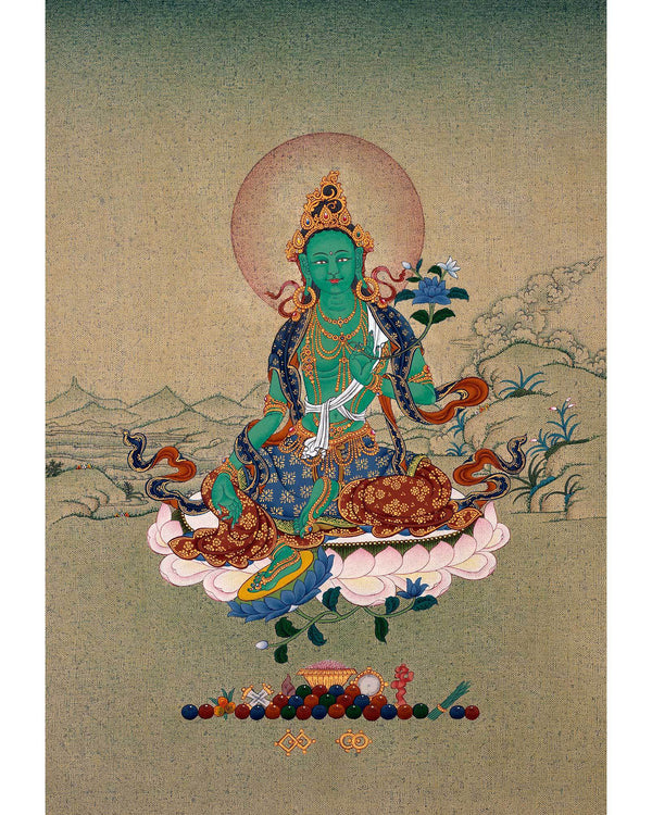 Green Tara, Dolma Tibetan Thangka, Hand Painted Tara  in Natural Stone Colors and 24K Gold