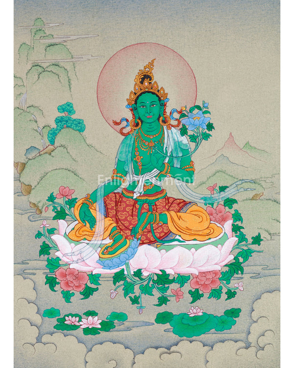 Divine Feminine Thangka - Hand-Painted Green Tara Tibetan Painting