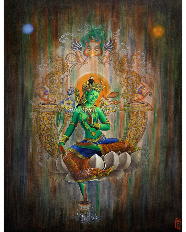 Eternal Guidance With Green Tara Thangka Print