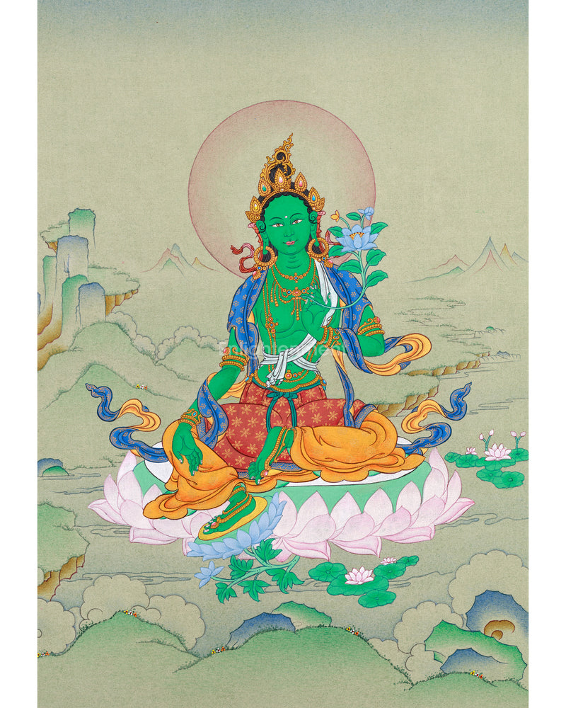 Tibetan Art of Small Green Tara on Cotton Canvas