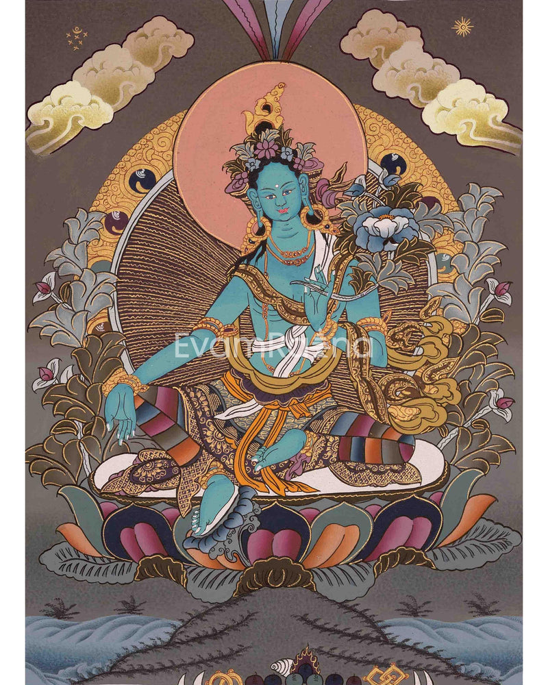 Original Hand-Painted Green Tara Thangka | Tibetan Female Bodhisattva Painting