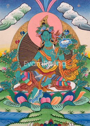 Original Hand-Painted Green Tara Thangka | Tibetan Female Bodhisattva Painting