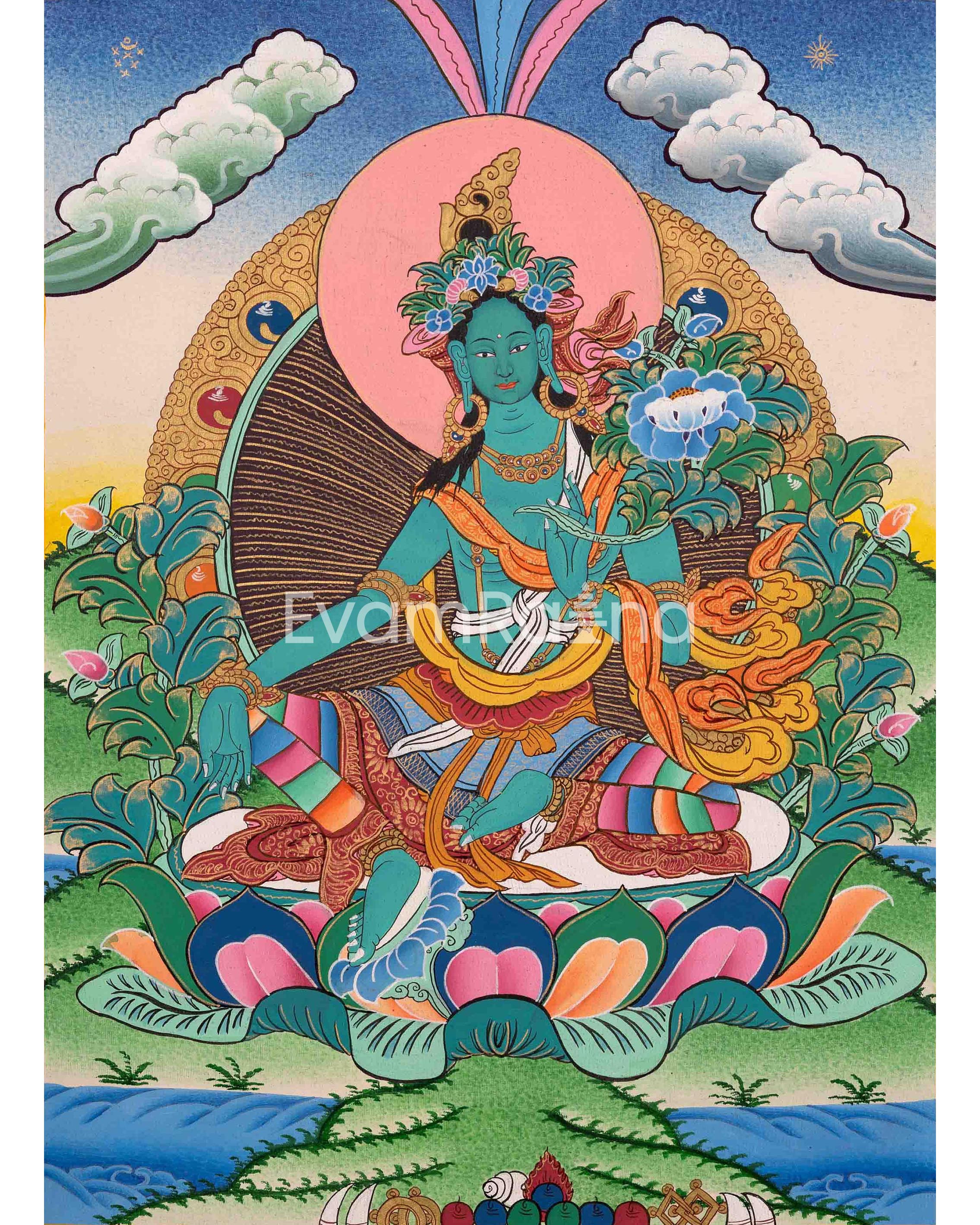 Original Hand-Painted Green Tara Thangka | Tibetan Female Bodhisattva Painting