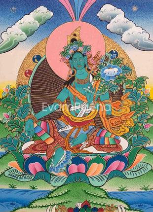Original Hand-Painted Green Tara Thangka | Tibetan Female Bodhisattva Painting