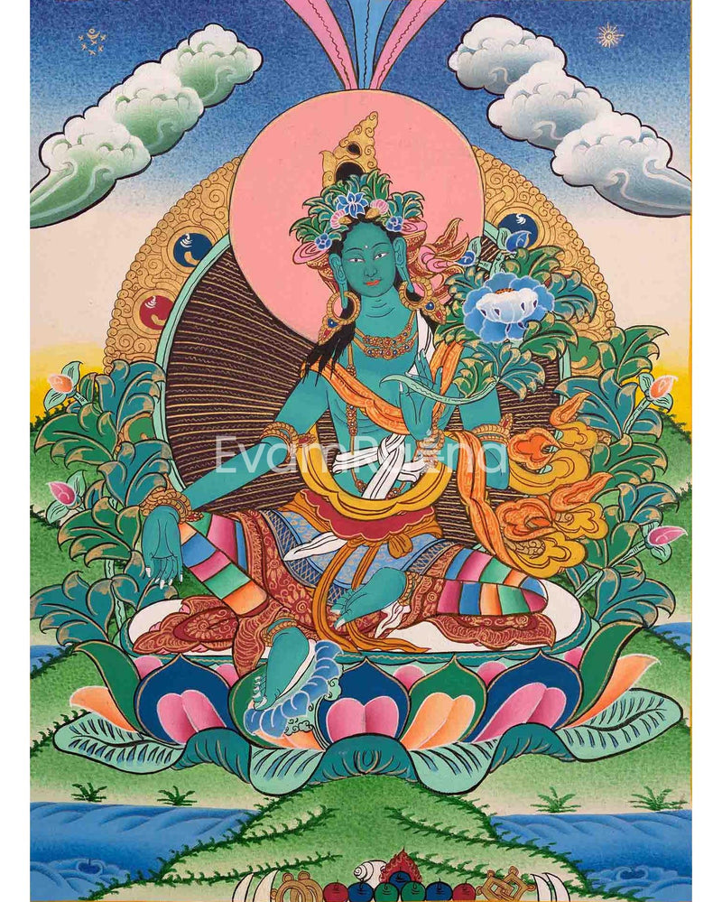 Original Hand-Painted Green Tara Thangka | Tibetan Female Bodhisattva Painting