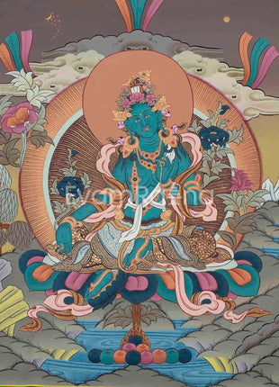 Green Tara Thangka Painting | Beautifully Hand-Painted in Canvas Cotto