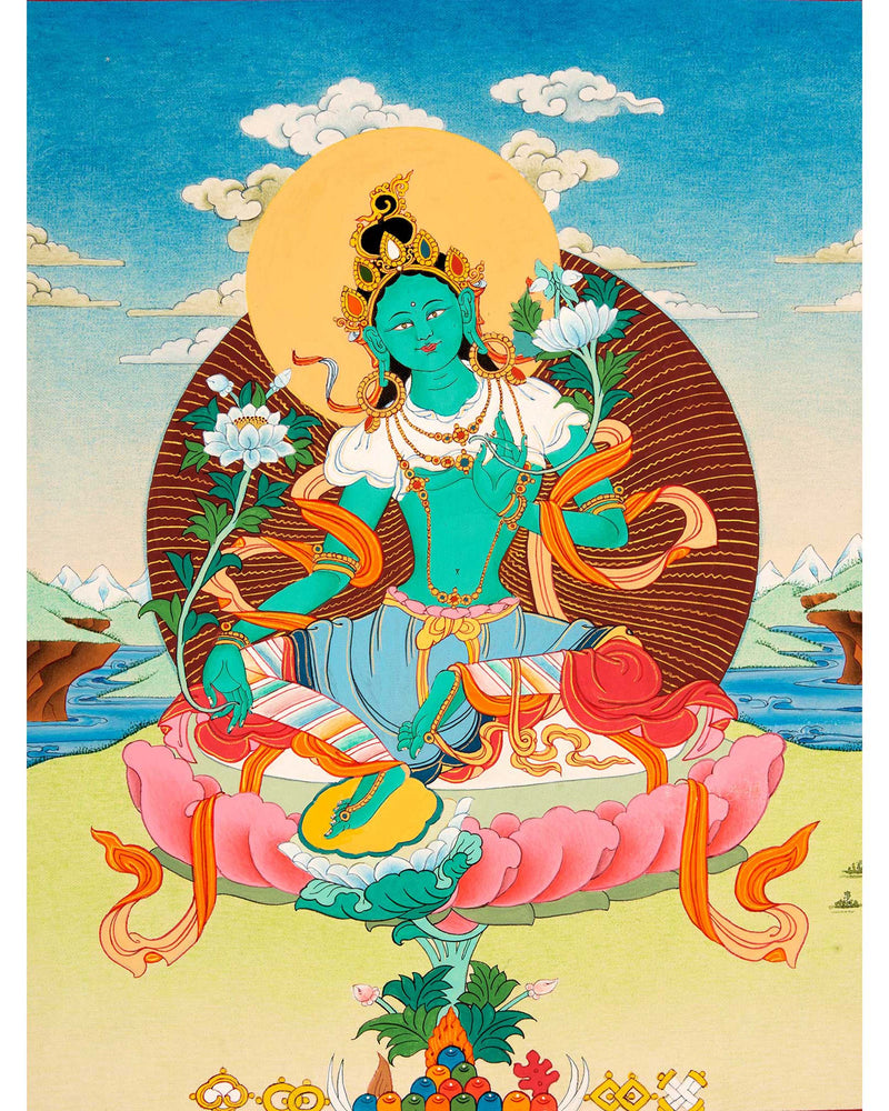 Green Tara Buddhist Thangka | Genuinely Hand Painted with 24k Gold