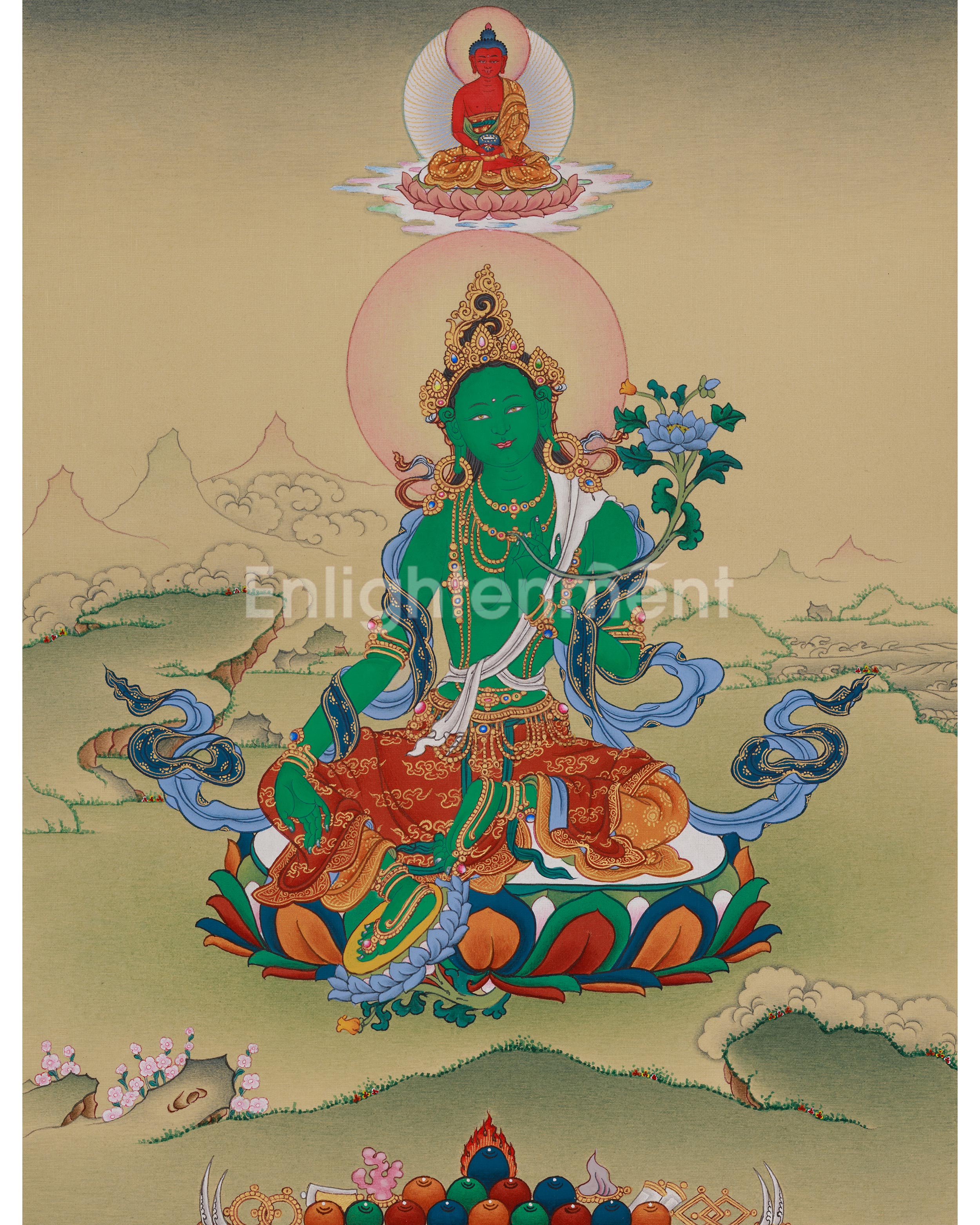 Green Tara with Amitabha Buddha Art