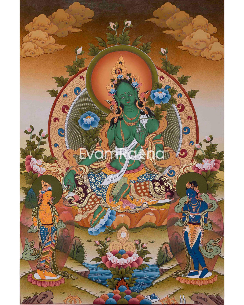 White Tara Thangka | Manjushri ,Green Tara ,Shakyamuni Buddha |