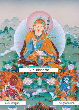 Traditional Tibetan Buddhist Art For Padmasambhava Day Celebration | Guru Rinpoche With Guru Dragpo and Singhamukha