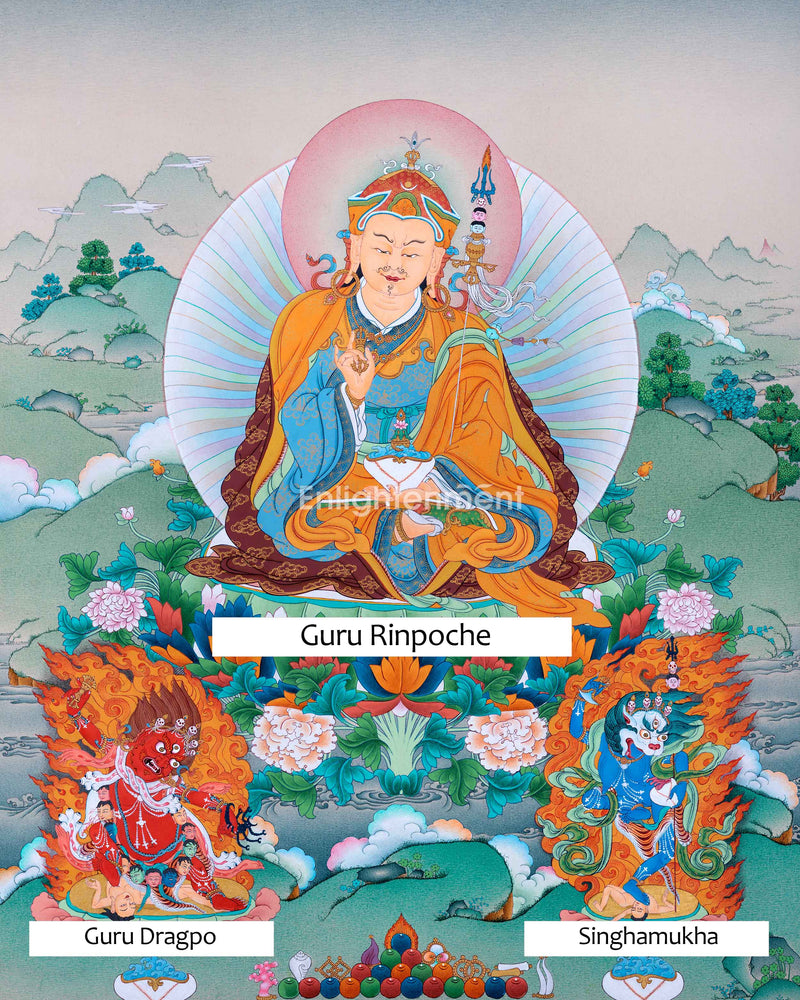 Traditional Tibetan Buddhist Art For Padmasambhava Day Celebration | Guru Rinpoche With Guru Dragpo and Singhamukha