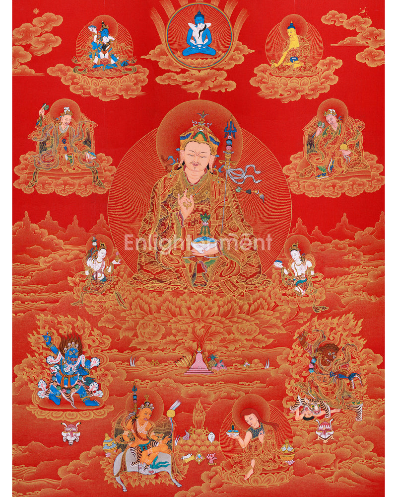 Guru Sangye Thangka | Eight Manifestations of Padmasambhava | Red & Gold Artwork