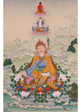 Guru Rinpoche with Chenrezig and Amitabha Buddha Thangka