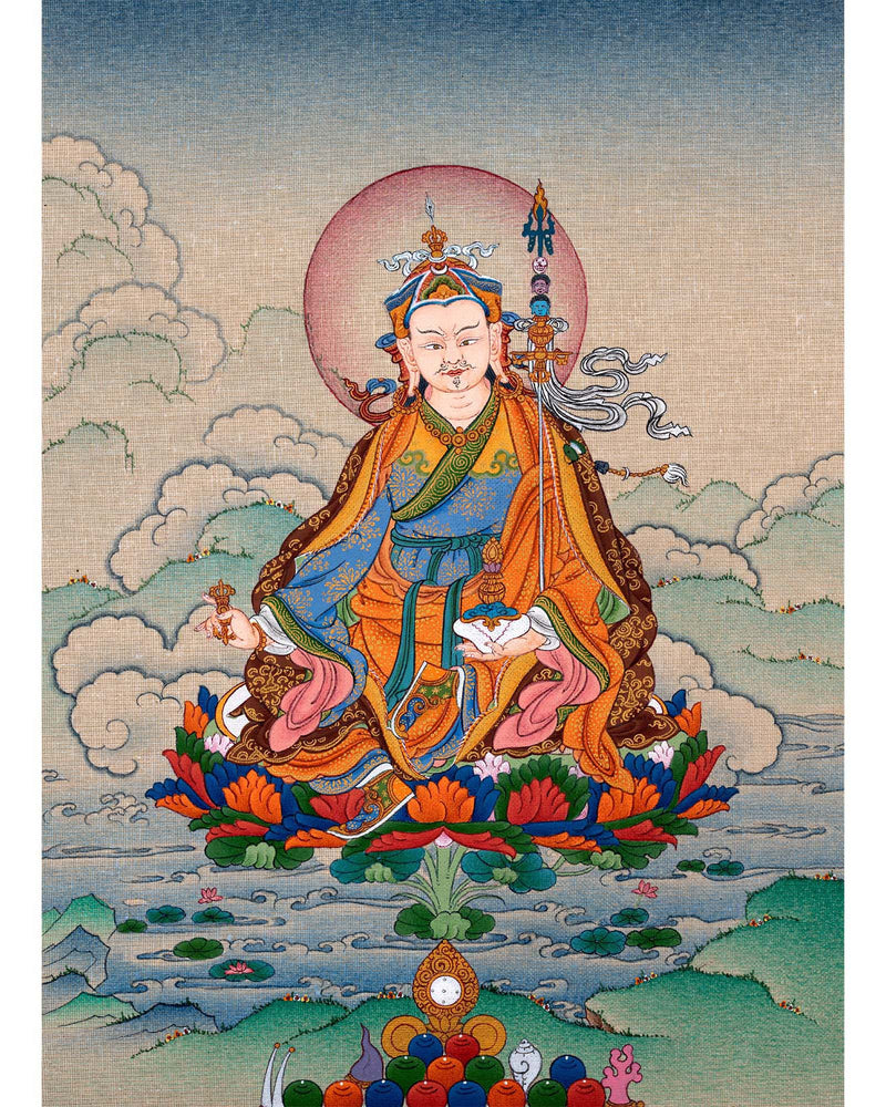 Guru Rinpoche, Padmasambhava Thangka, Tibetan Buddhist Painting in Natural Stone Color & 24K Gold