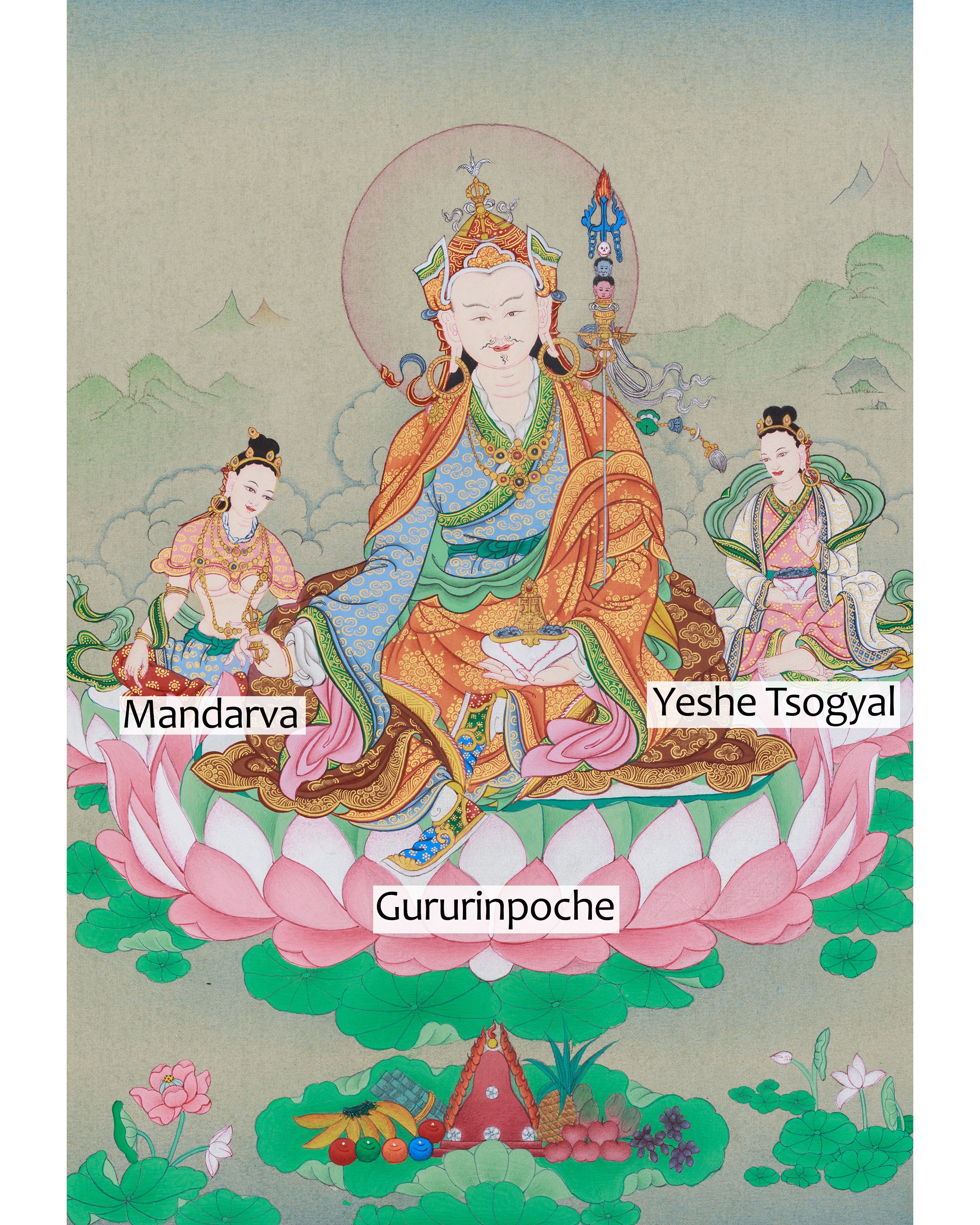 Sacred Guru Rinpoche with Consort - Mandarva and Yeshe Tsogyal
