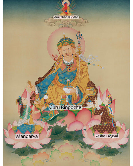 Spiritual Masterpiece, Enlightened Padmasambhava Thangka | Mandarava & Yeshe Tsogyal