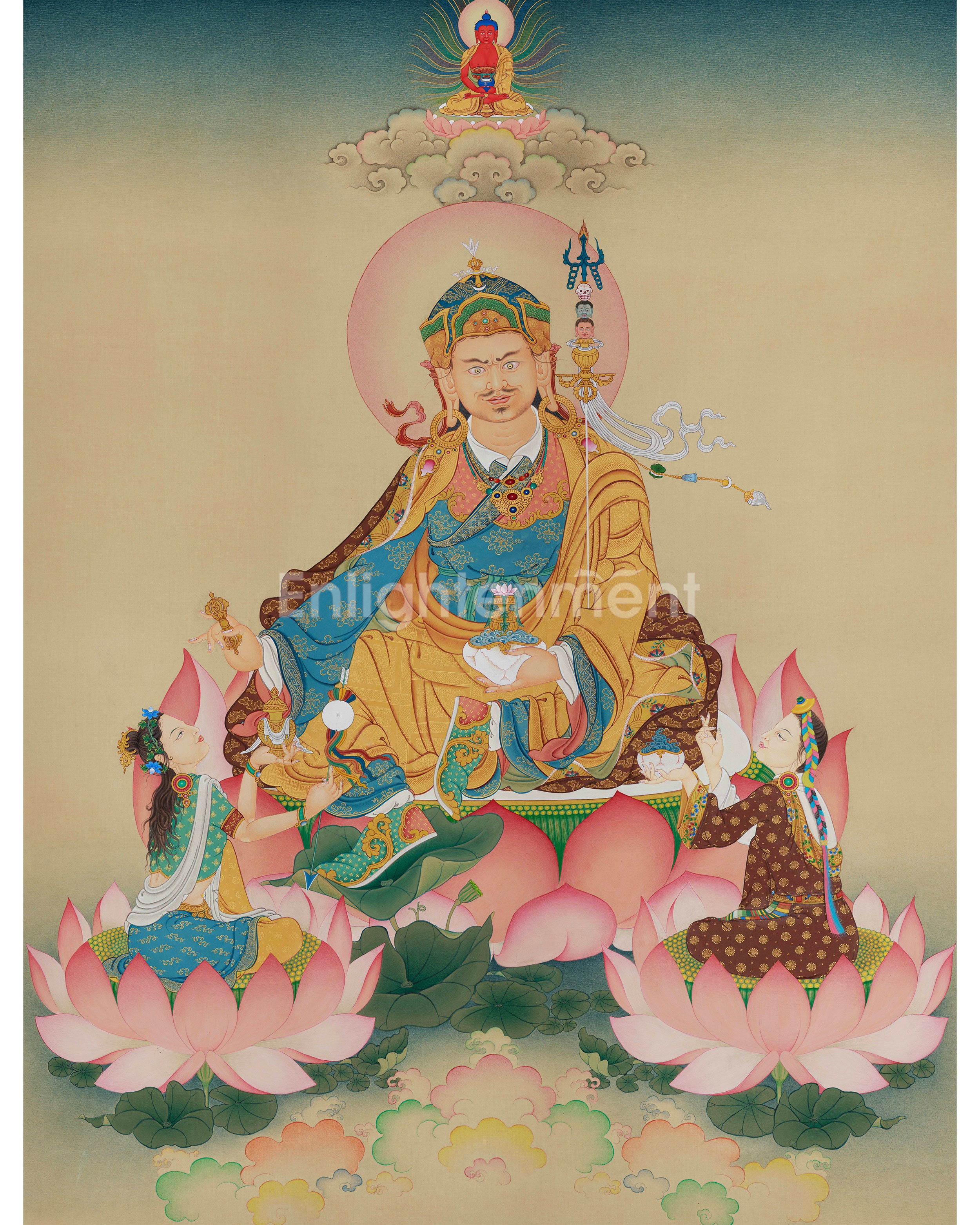 Spiritual Masterpiece, Enlightened Padmasambhava Thangka | Mandarava & Yeshe Tsogyal