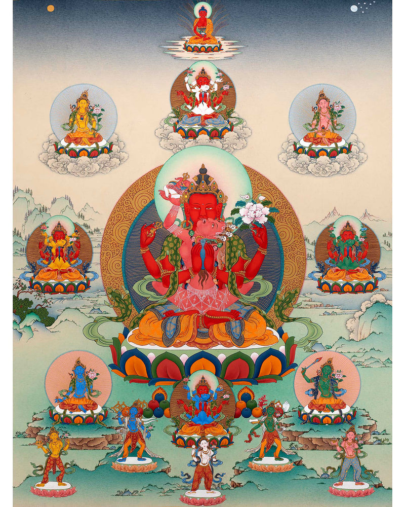 Gyalwa Gyatso (Red Chenrezig- Consort) Mandala, Tibetan Yidam Thangka Painting