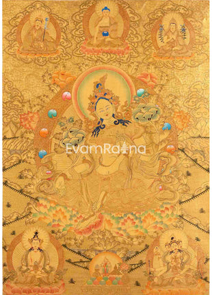 Hand Painted 24K Gold Style Green Tara Thangka