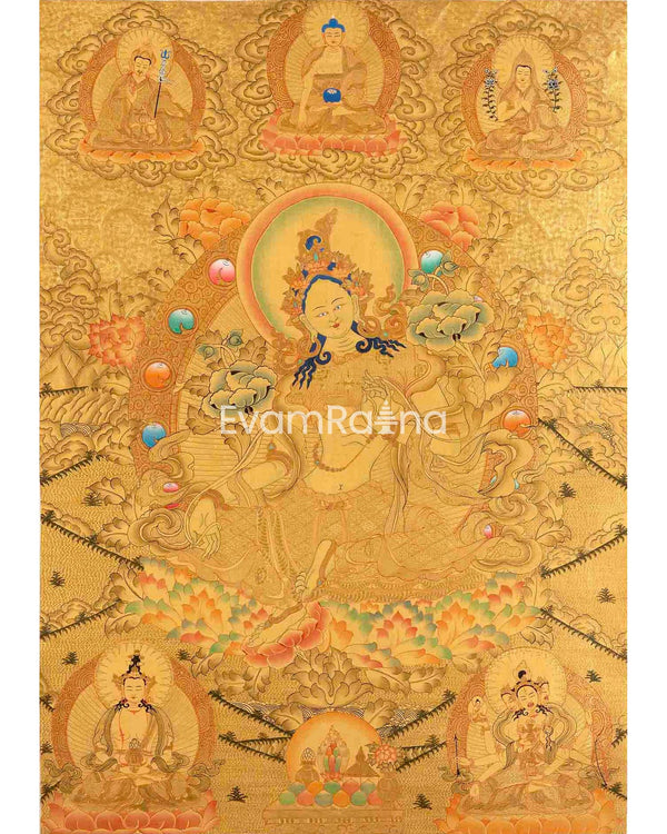 Hand Painted 24K Gold Style Green Tara Thangka