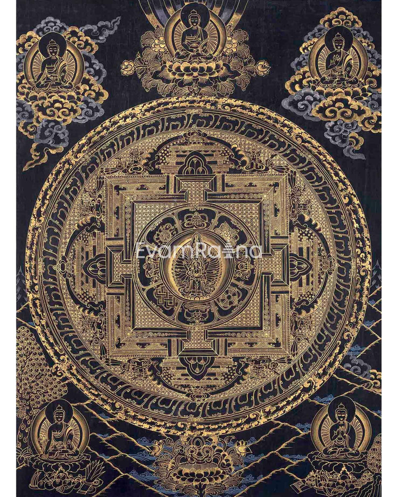 Hand Painted Gold & Black Style Lokeshvara Mandala Thangka