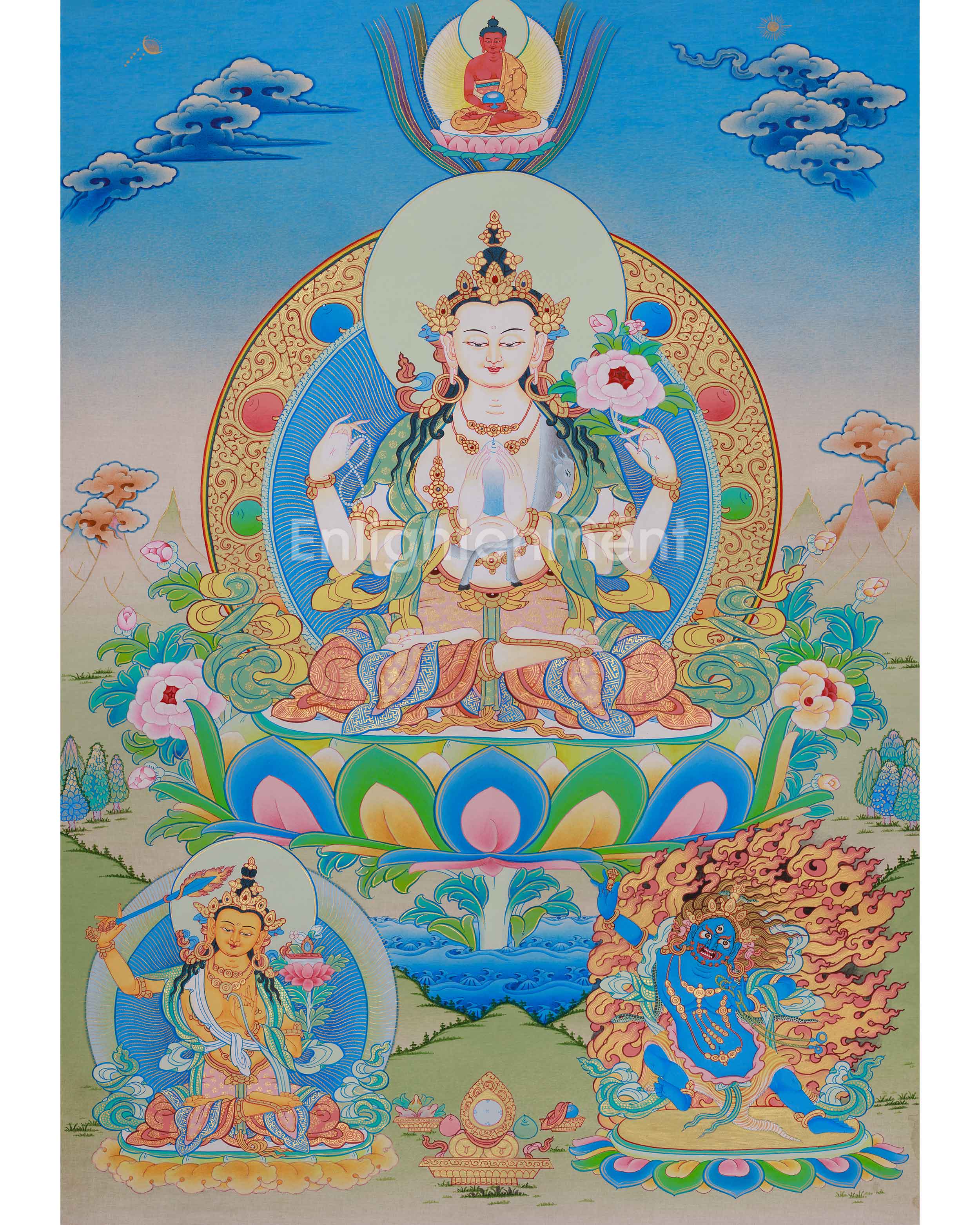 Himalyan Thangka Of Four-Armed Chenrezig