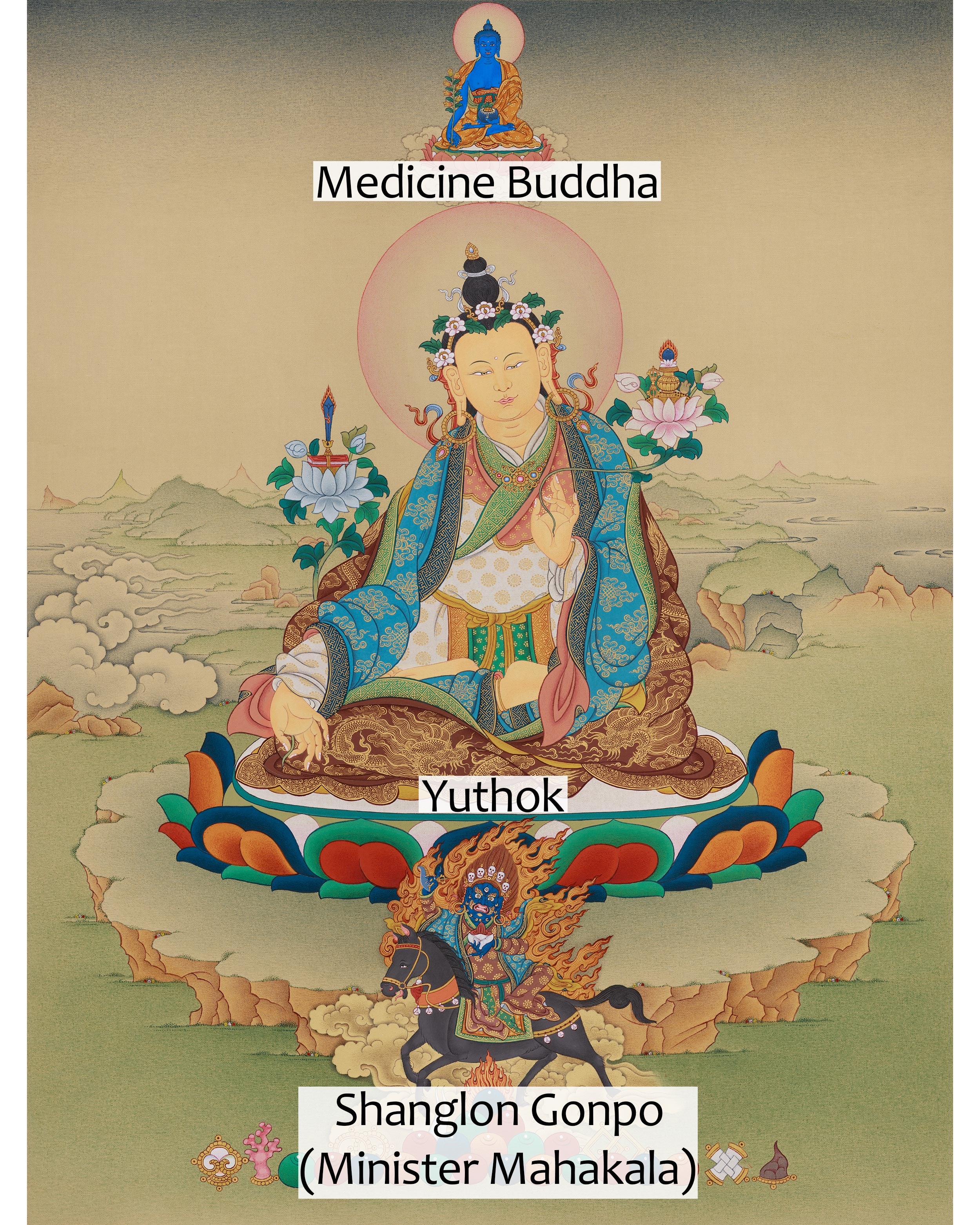 Yuthok with Medicine Buddha and Shanglon Gonpo Thangka | Tibetan Buddhist Master