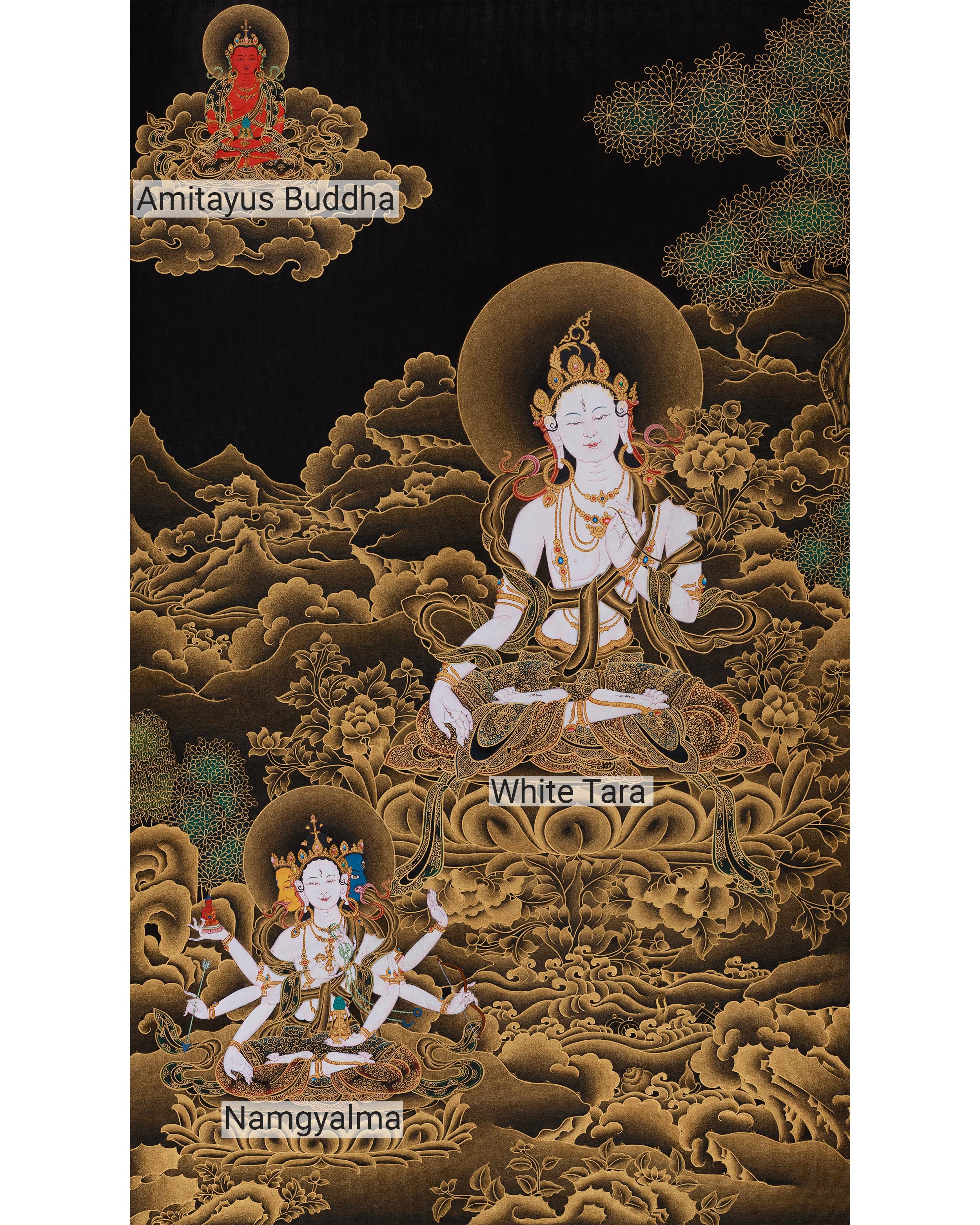 Exclusive White Tara with Amitayus and Namgyalma Thangka | Three Longevity Deities