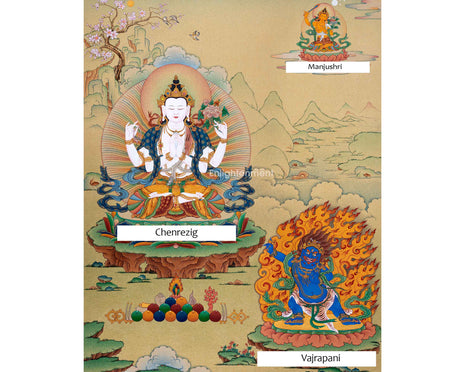 Tibetan Bodhisattvas Thangka | Chenrezig. Manjushri and Vajrapani