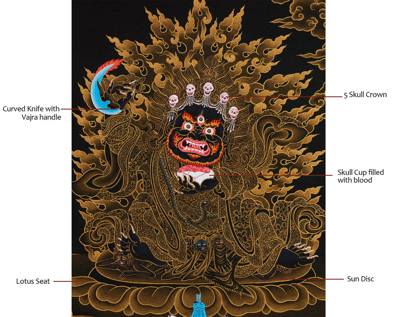 Fierce Kagyu Mahakala Bernagchen Thangka: Gold Work