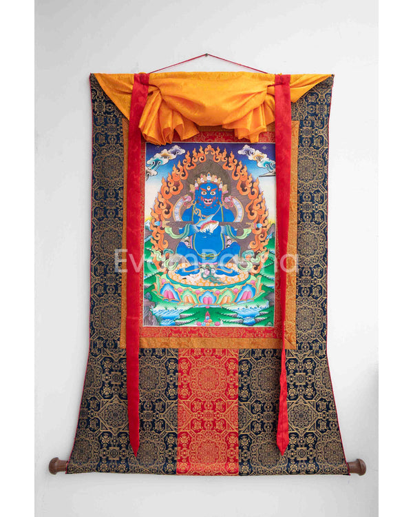 Sakya Mahakala Thangka with Dark Blue Brocade