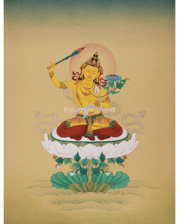 Zen-Inspired Manjushri Thangka: Masterpiece in Lhasa Stone Colors