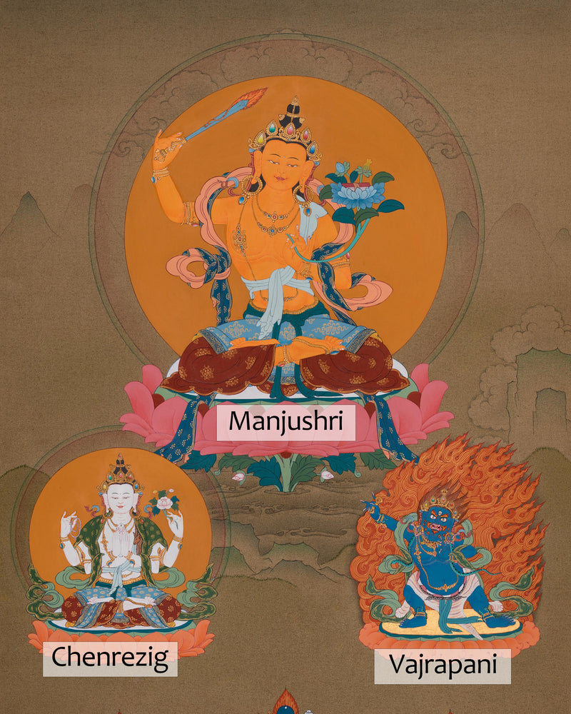 The Three Enlightened Bodhisattvas | Manjushri, Avalokiteshvara & Vajrapani