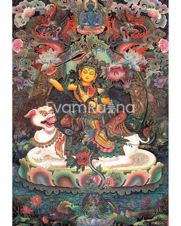 Original Hand Painted Hight Quality Manjushree Thangka | Flaming Sword Of Wisdom Bodhisattva |