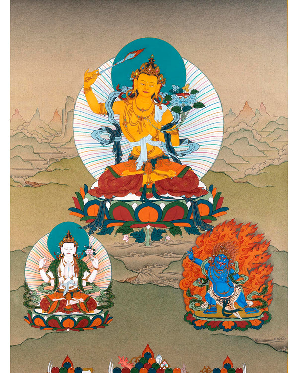 Bodhisattva Thangka | Manjushree With Chenrezig & Vajrapani