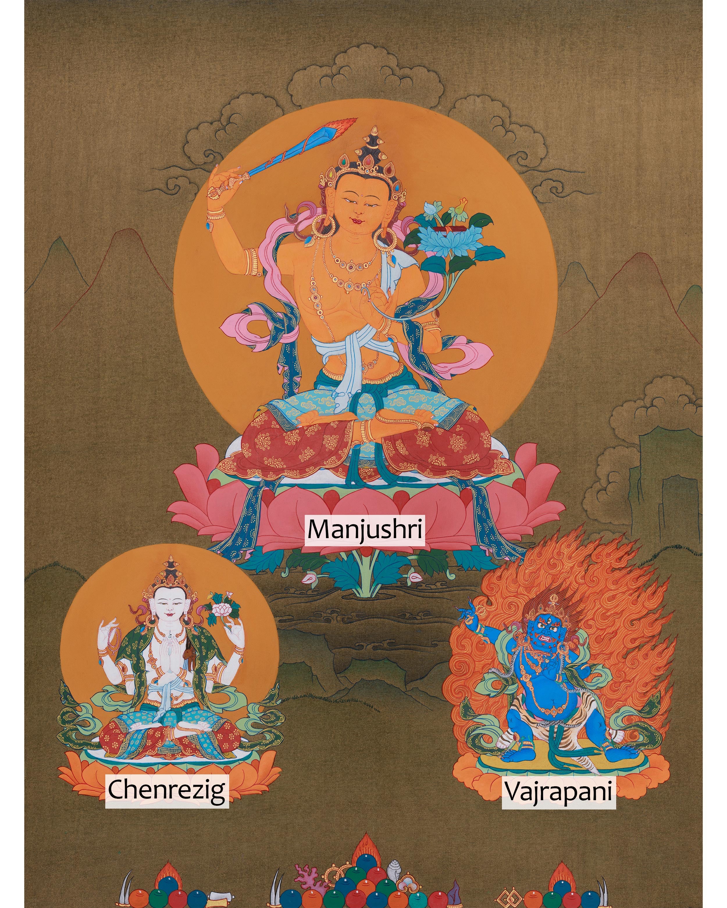 Three Tibetan Bodhisattvas: Manjushri, Chenrezig, and Vajrapani | Buddhist Altar