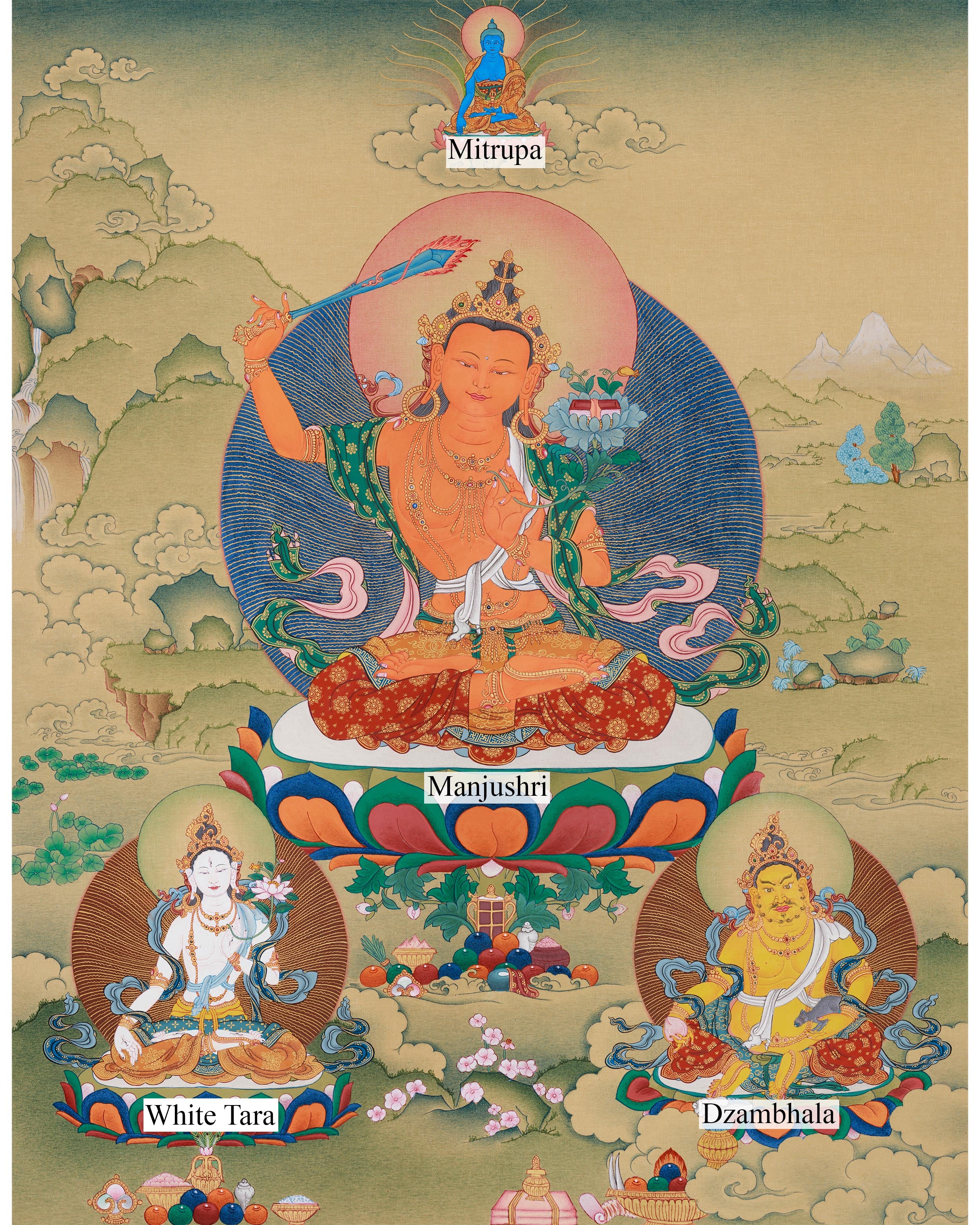 Manjushri with White Tara, Dzambhala, and Mitrupa | Tibetan Bodhisattva Painting