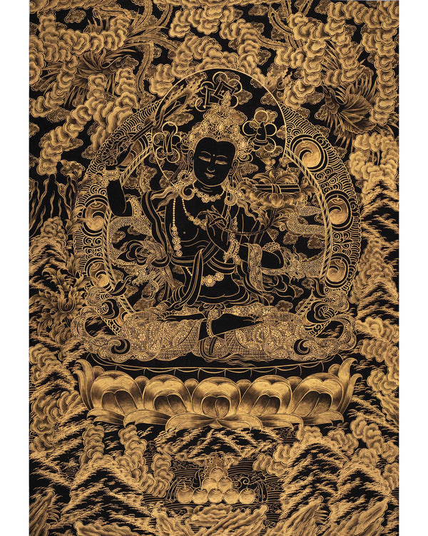 Hand-Painted Black and Gold Manjushri Thangka