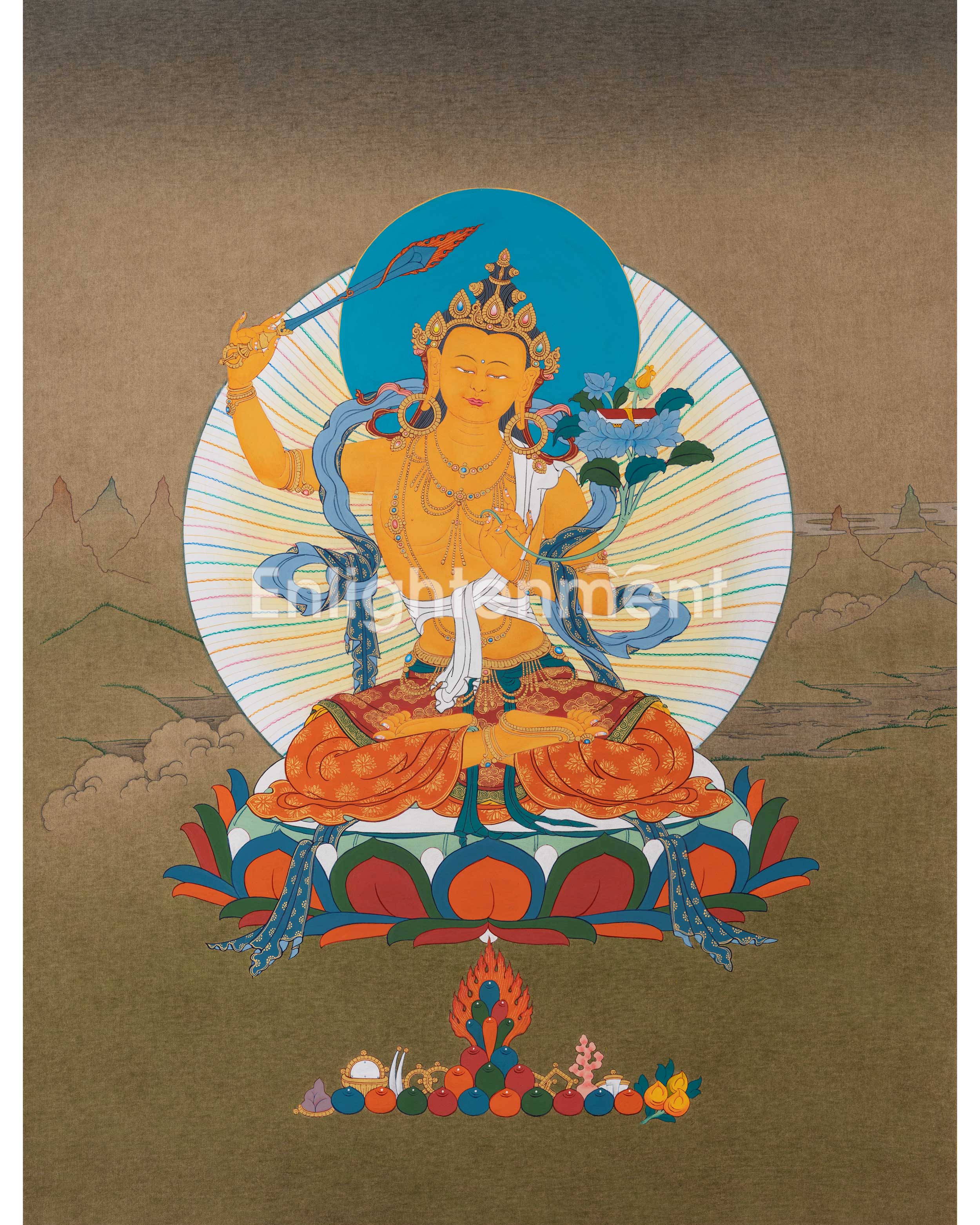 Manjushri, A Traditional Karma Gadri Thangka of Wisdom Buddha