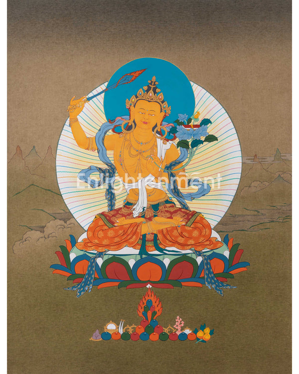 Manjushri, A Traditional Karma Gadri Thangka of Wisdom Buddha