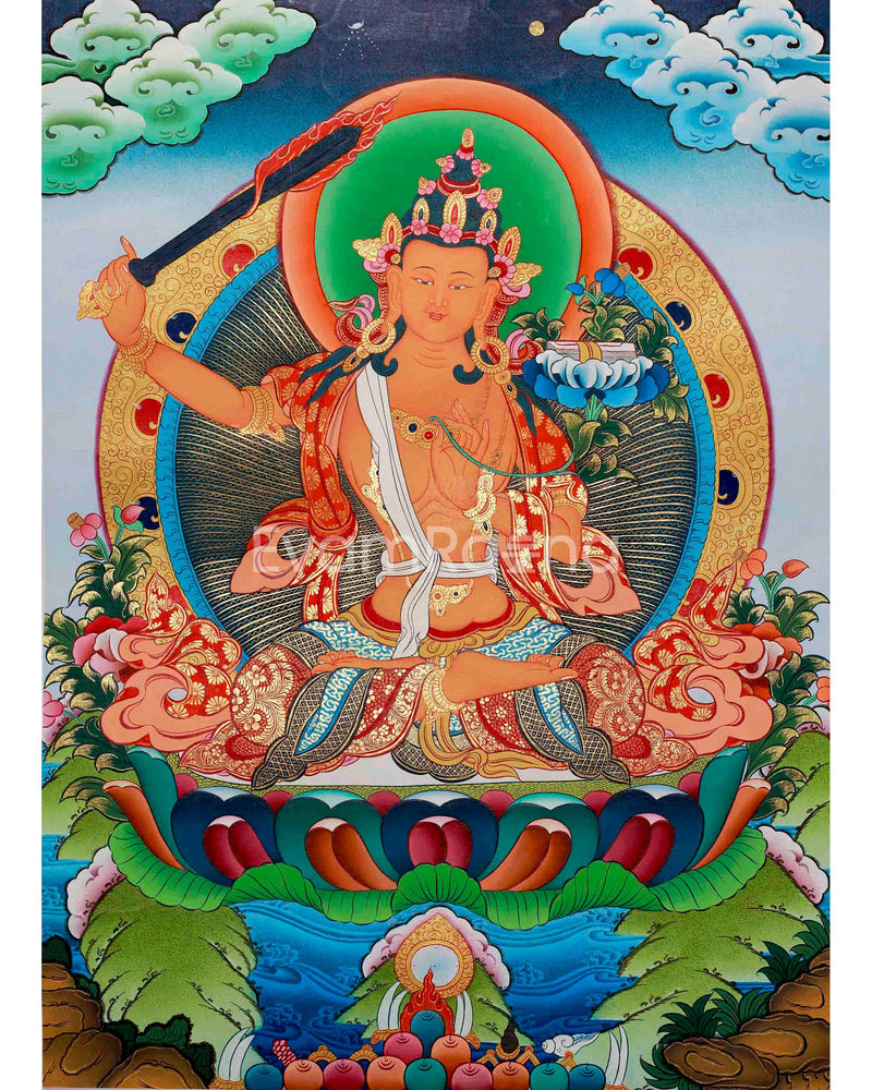 Original Hand-Painted Manjushri Thangka | Manjushree Bodhisattva of Wisdom