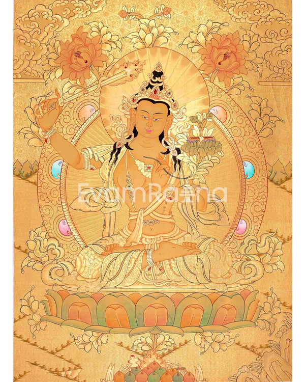 Shree Manjushri Full 24K Gold Style Thangka: