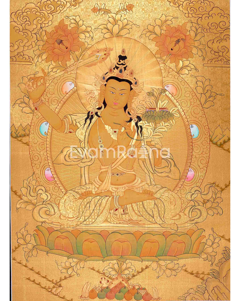 Shree Manjushri Full 24K Gold Style Thangka | Manjushree Thangka