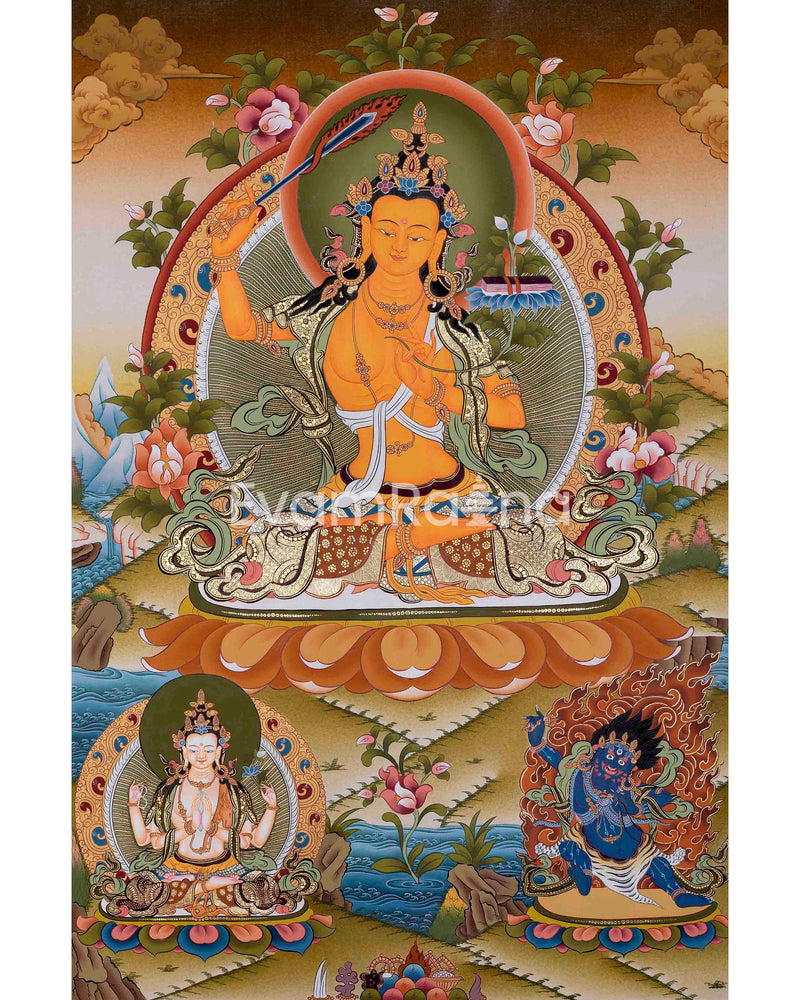 White Tara Thangka | Manjushri ,Green Tara ,Shakyamuni Buddha |