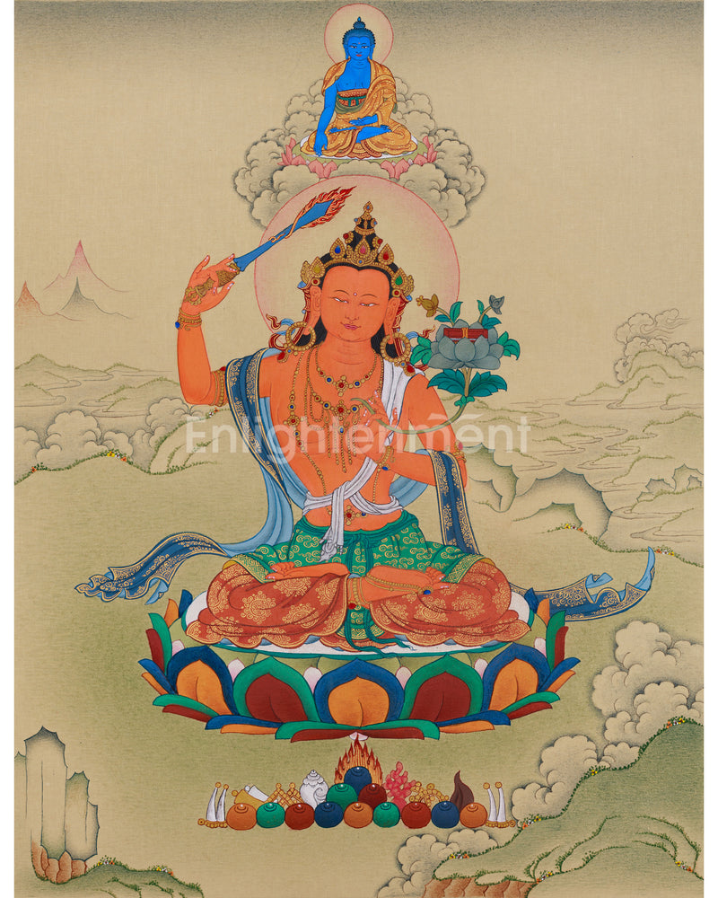 Traditional Manjushri With Mitrupa Thangka | A Gateway to Insight