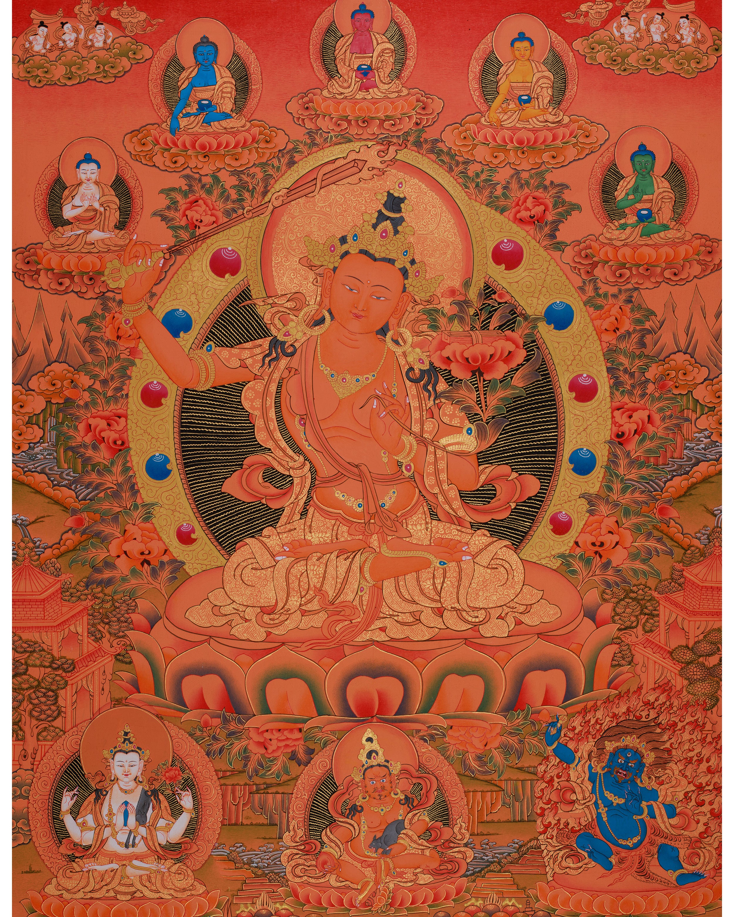 Manjushri with Five Buddhas & Bodhisattvas