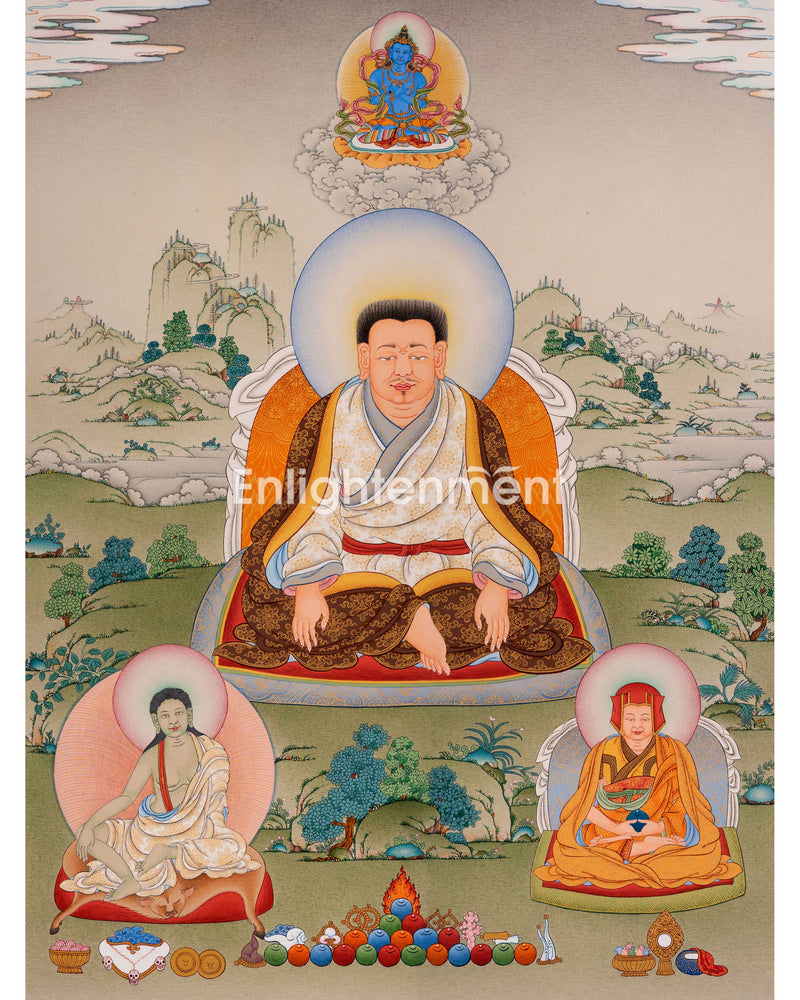 Guru Marpa, Milarepa, and Je Tsongkhapa Thangka