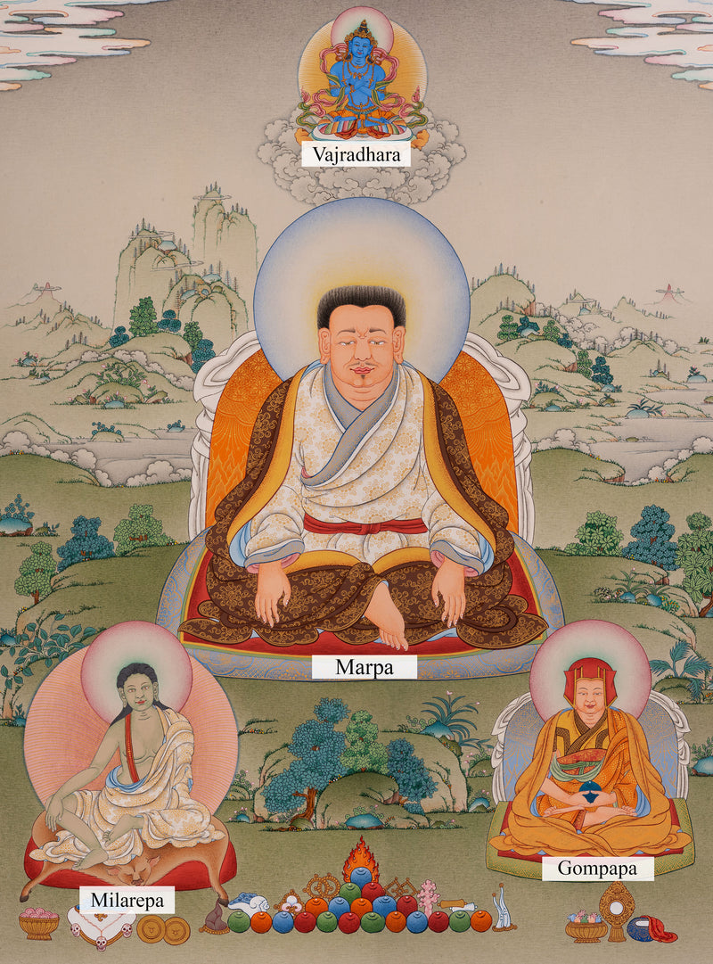 Guru Marpa, Milarepa, and Gompopa Thangka | Tibetan Buddhist Masters Artwork